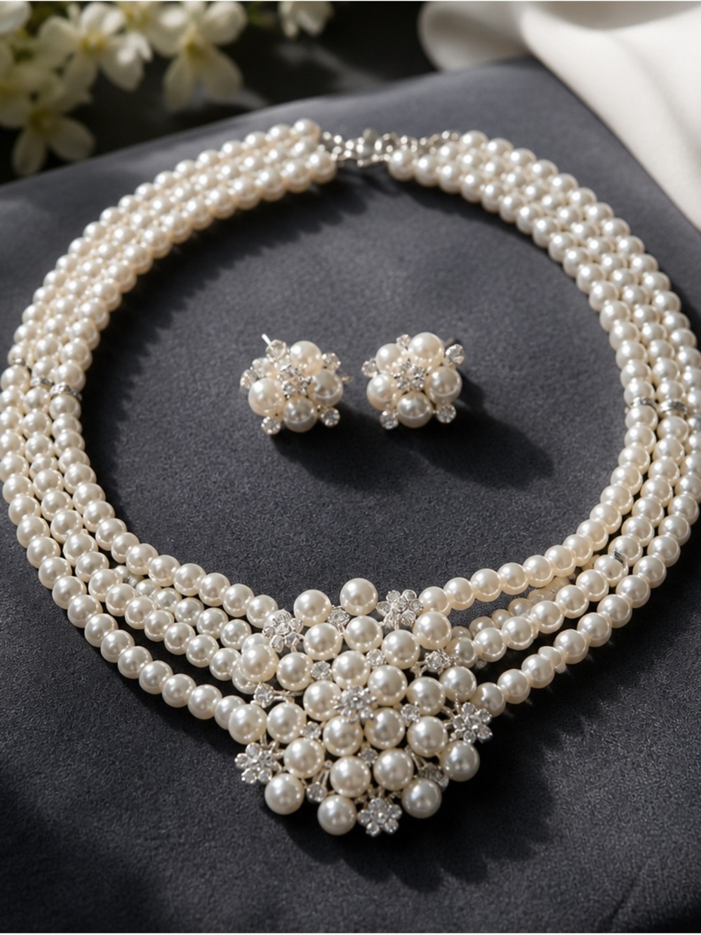Ivory faux Pearl Multi-Strand Necklace and Cluster Earrings - Classic Bridal Set